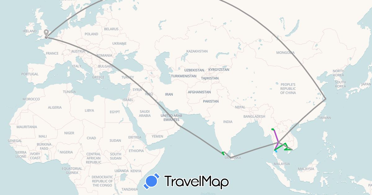 TravelMap itinerary: driving, bus, plane, train, boat in China, United Kingdom, India, Cambodia, Sri Lanka, Oman, Thailand, Vietnam (Asia, Europe)